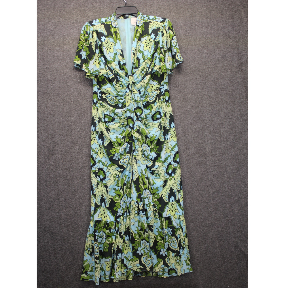 Cinq à Sept Midi Dress Damask Floral Tie Neck Ruched Size 8 - Picture 2 of 8